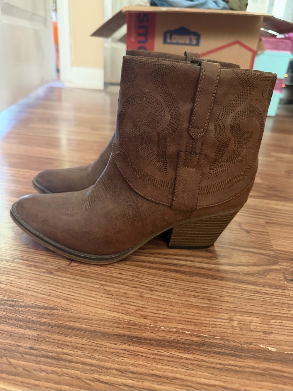 MIA Brown Embroidered Western Ankle Booties
